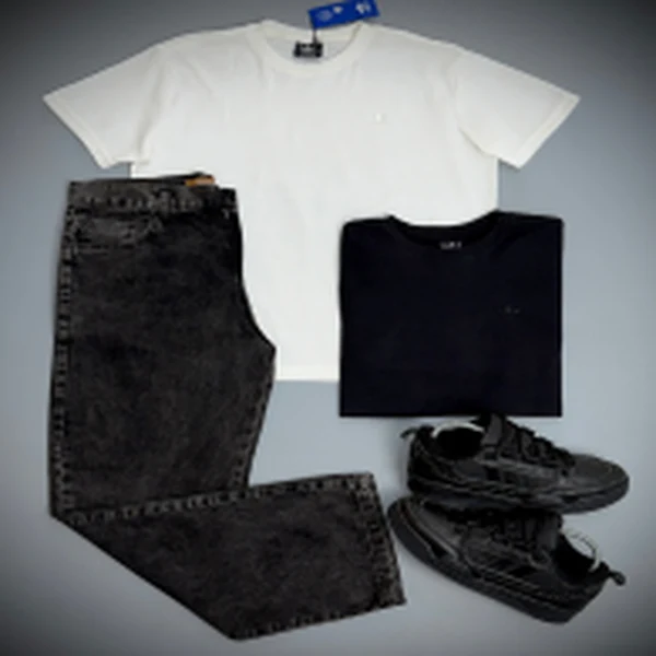 Composição Adidas com camiseta, jeans e tênis